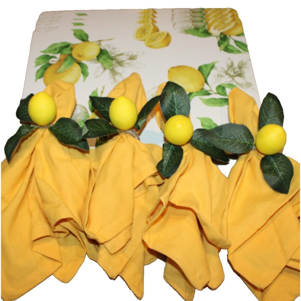 4 Benson Mills Sweet Citrus Lemon cork placemats w/ 6 napkins & 4 rings Unused